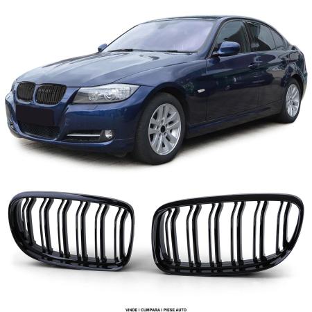 Set Grile bara fata radiator duble BMW Seria 3 E90 E91 LCI 2008-2012 Negru lucios