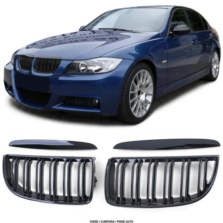 Set Grile bara fata radiator duble BMW Seria 3 E90 E91 2005-2008 Negru lucios